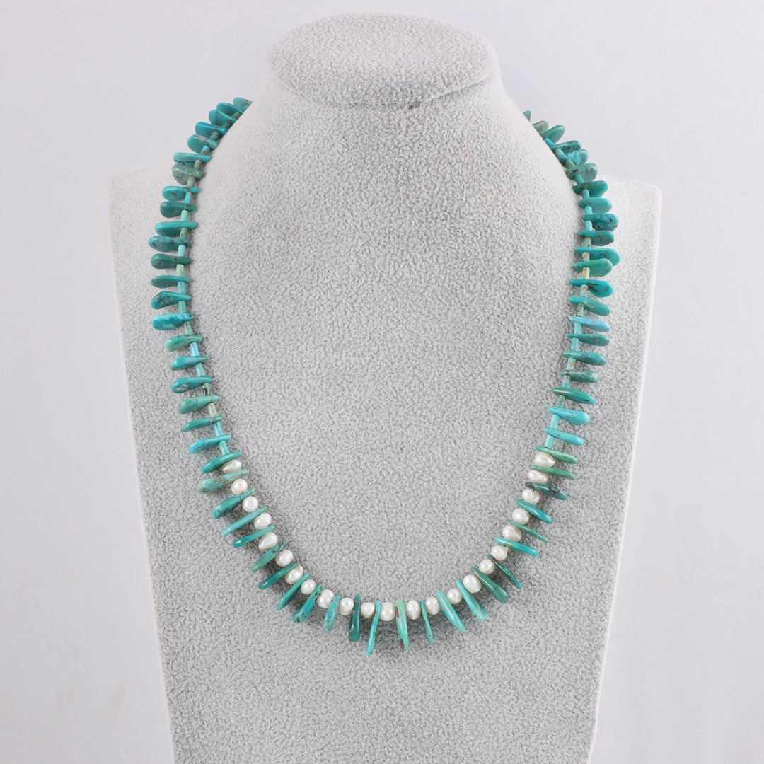 Turquoise and Pearl Silver Necklace on Display