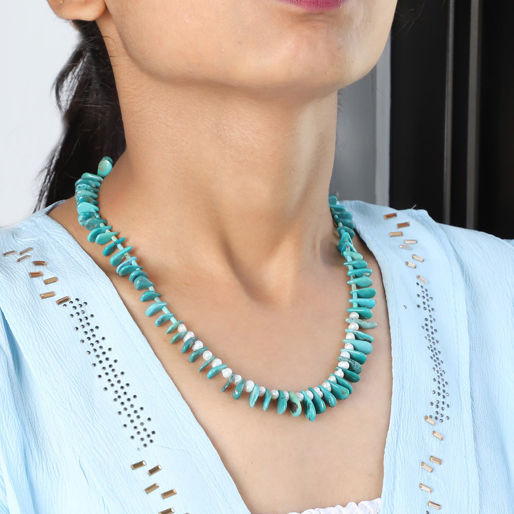 Handmade Turquoise and Pearl Necklace on Model