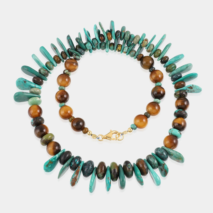 Close-up of Turquoise and Tiger's Eye Beads Necklace