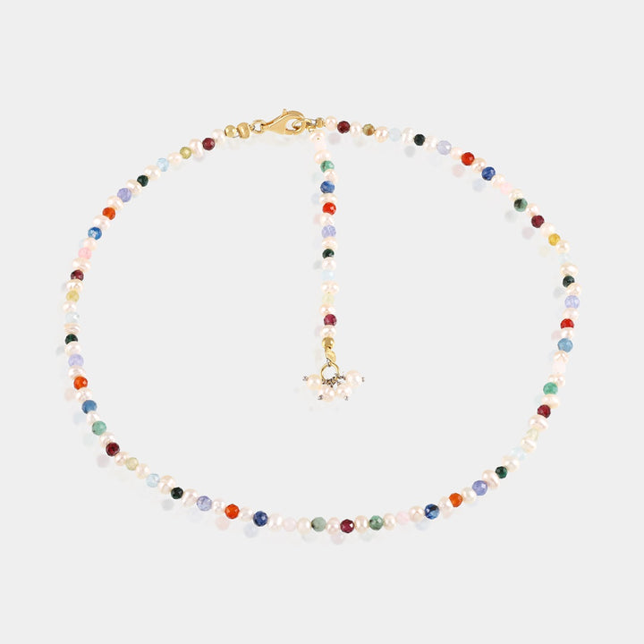 Pearl and Gemstone Beads Silver Necklace on White Background