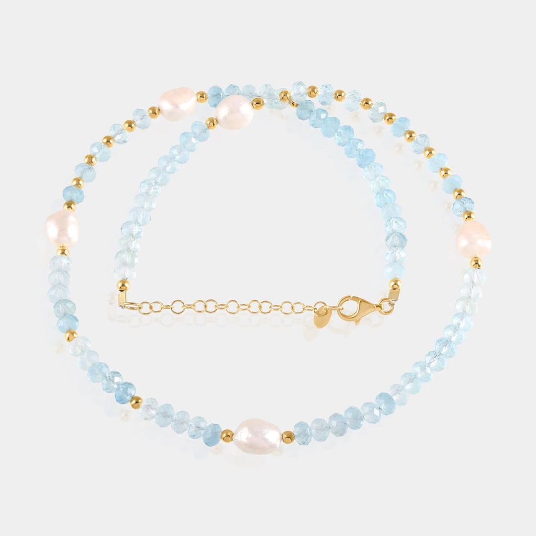 Aquamarine and Pearl Gemstone Beads Necklace