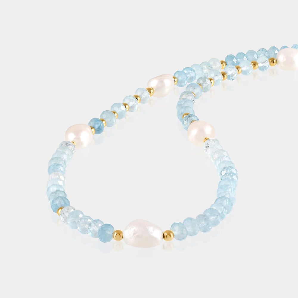 Silver Necklace with Aquamarine and Pearl Beads