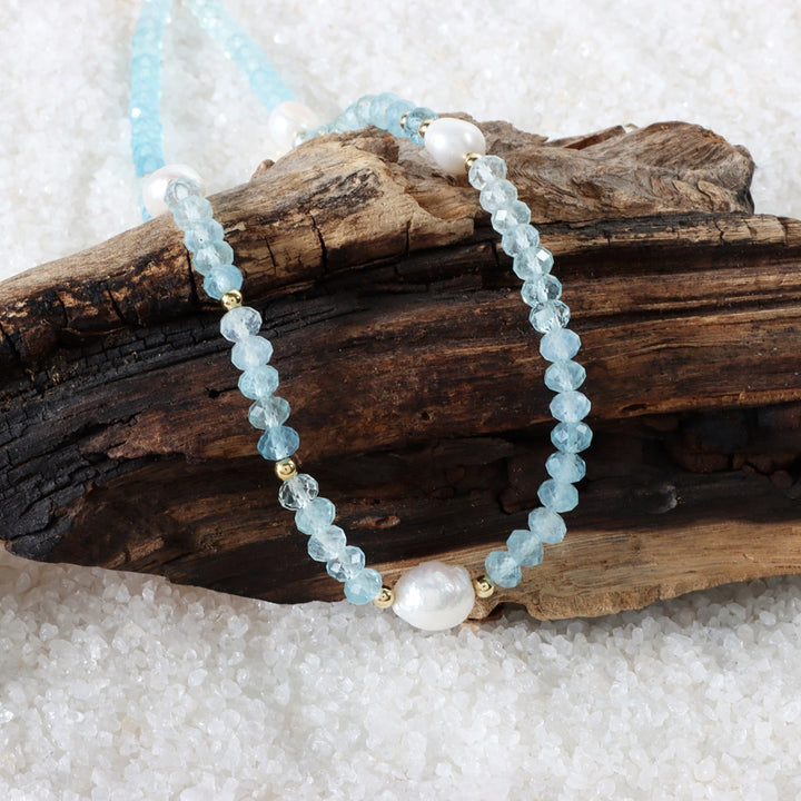 Close-Up of Aquamarine and Pearl Gemstone Beads Necklace