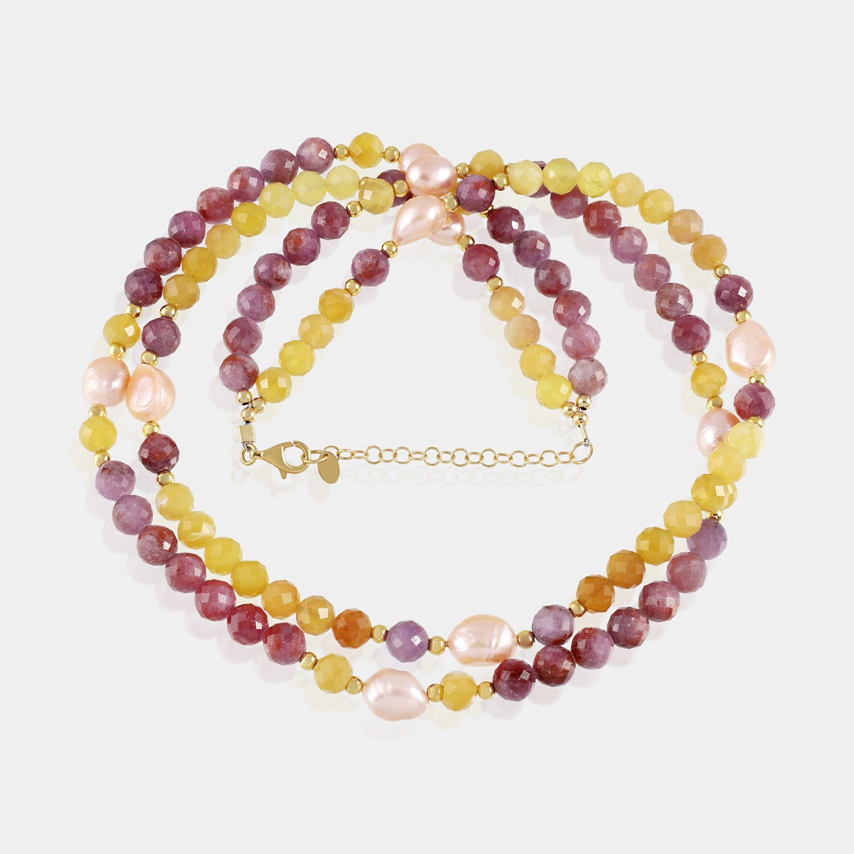 Ruby, Yellow Opal, Pearl, and Hematite Layered Silver Necklace