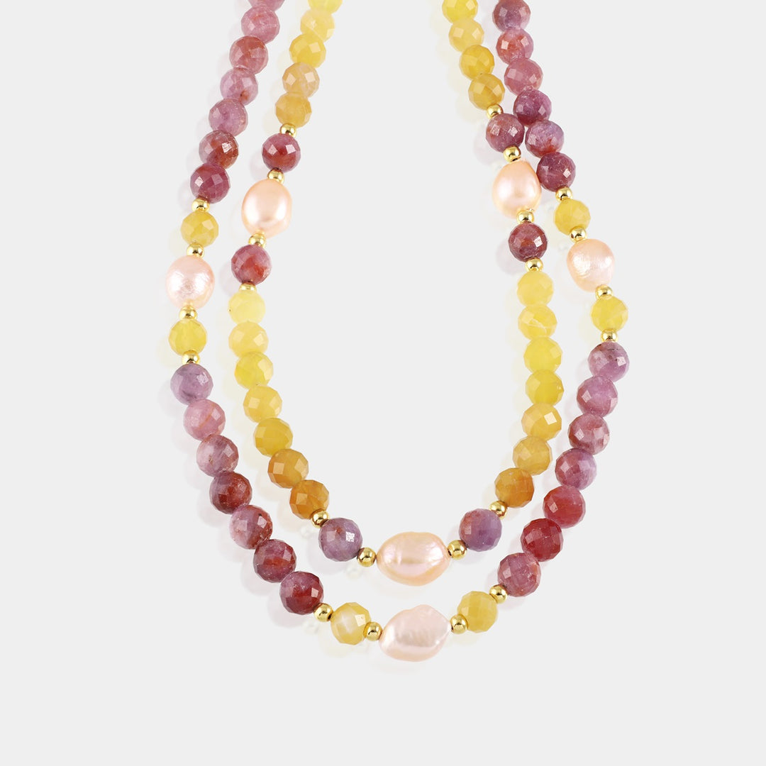 Ruby, Yellow Opal, Pearl, and Hematite Layered Silver Necklace