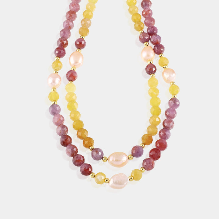 Ruby, Yellow Opal, Pearl, and Hematite Layered Silver Necklace