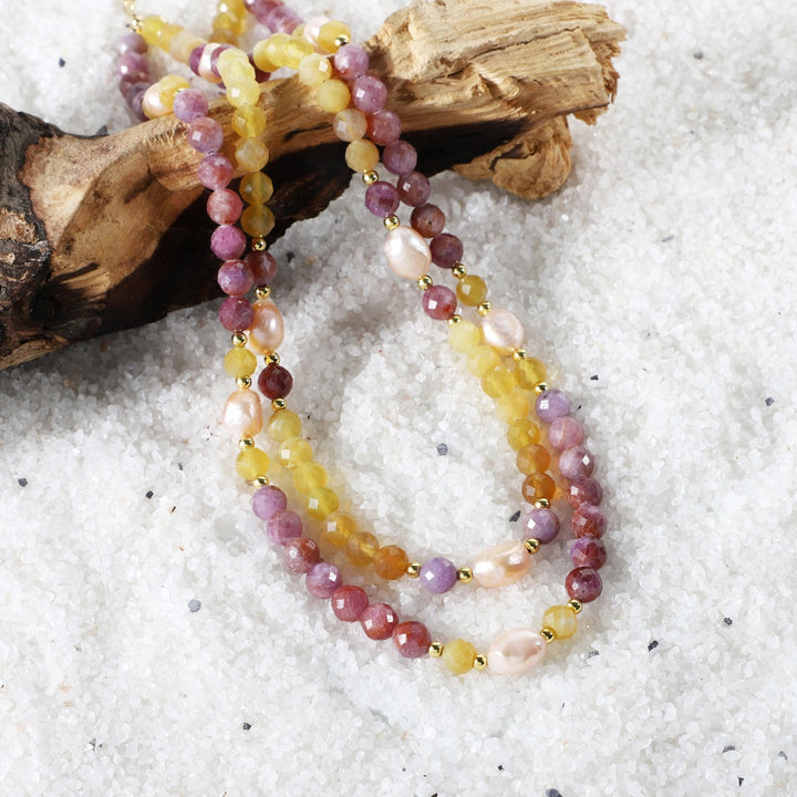 Ruby, Yellow Opal, Pearl, and Hematite Layered Silver Necklace