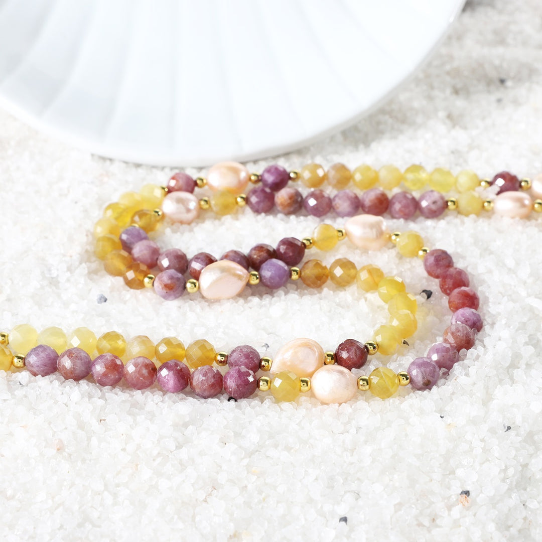 Ruby, Yellow Opal, Pearl, and Hematite Layered Silver Necklace