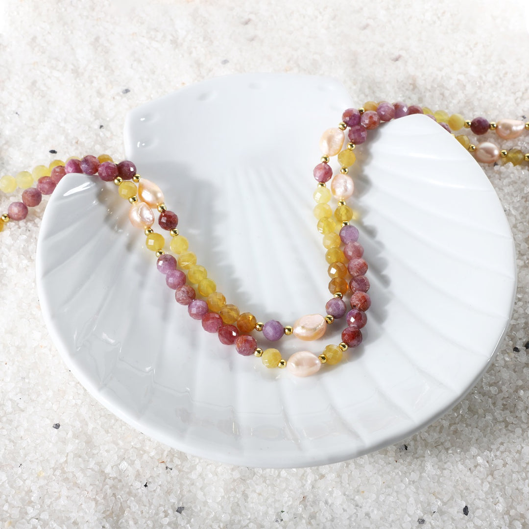 Ruby, Yellow Opal, Pearl, and Hematite Layered Silver Necklace