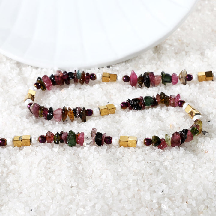 Elegant silver necklace adorned with Multi Tourmaline, Pearl, and Hematite gemstones