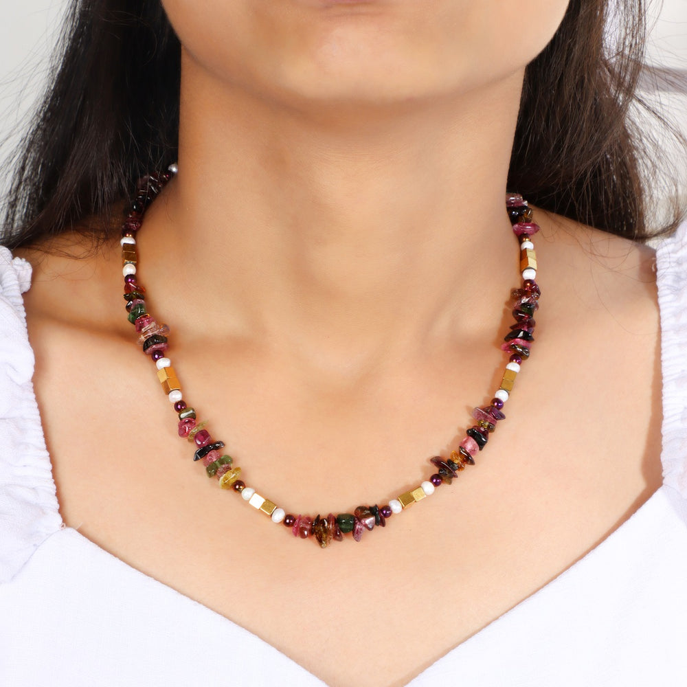 Elegant silver necklace adorned with Multi Tourmaline, Pearl, and Hematite gemstones