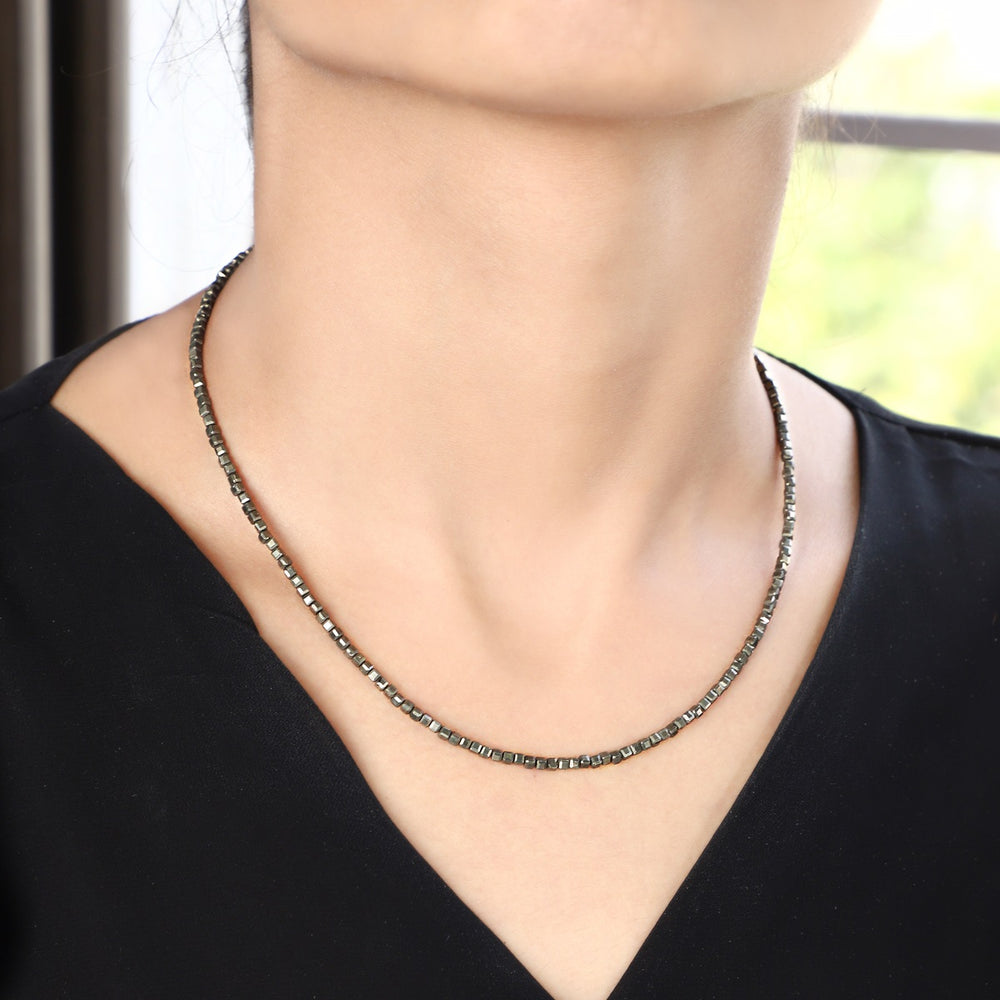 Model Wearing Natural Pyrite Silver Beads Necklace