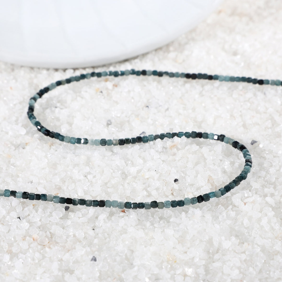 Side View of Blue Tourmaline Cube Beads Necklace