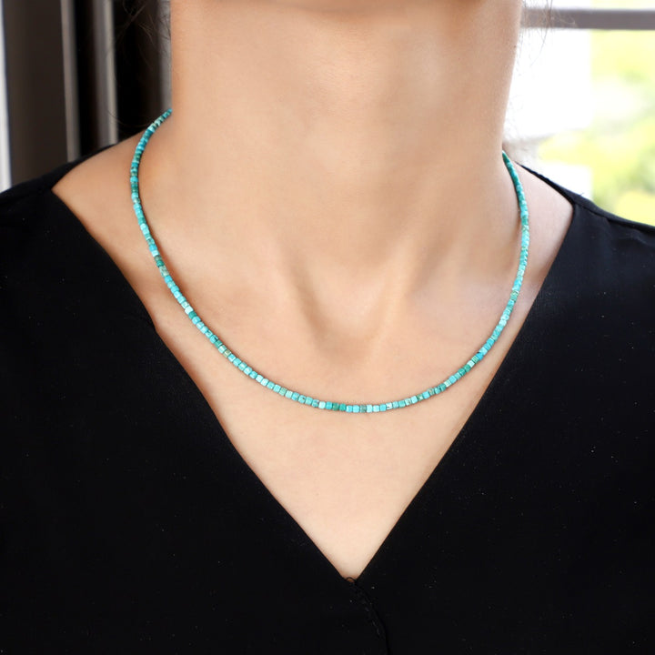 Model Wearing the Turquoise Cube Necklace