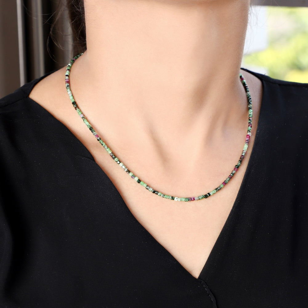 Model Wearing the Ruby Zoisite Cube Necklace