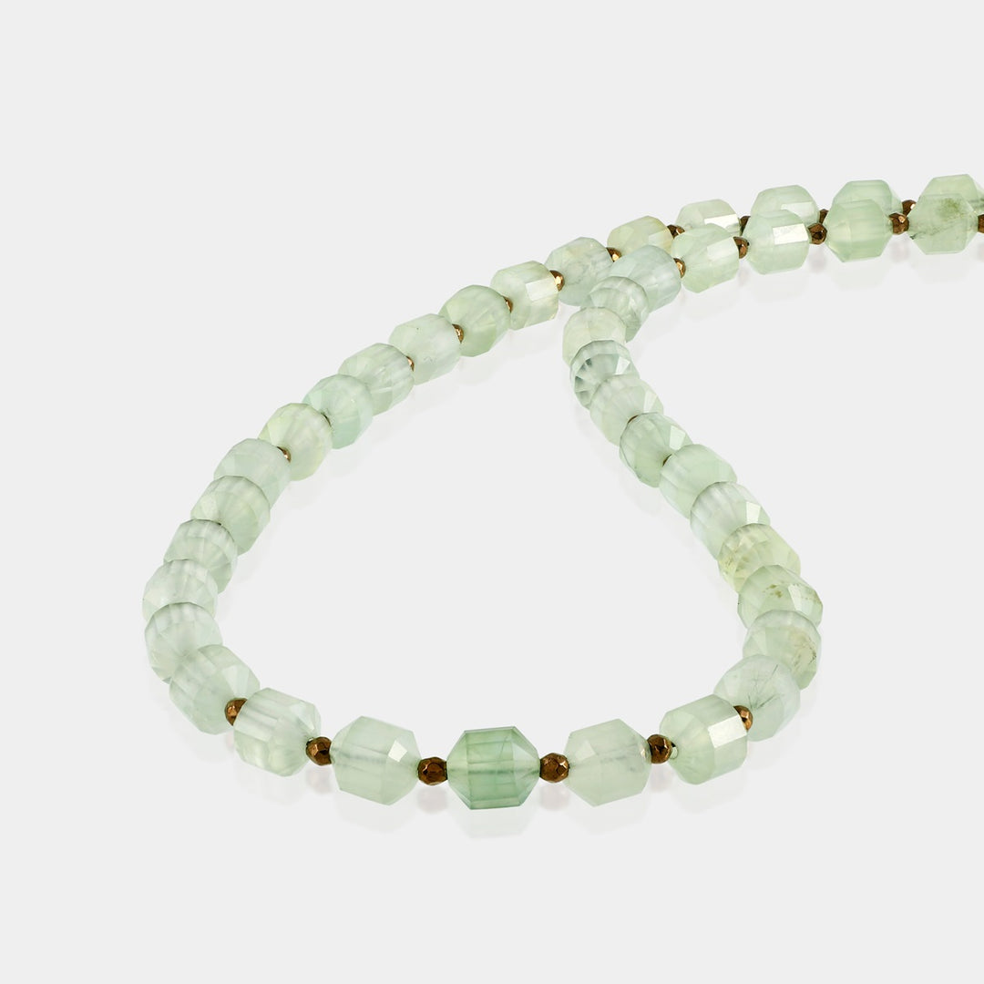 Close-up of Prehnite Lantern and Hematite Round Beads