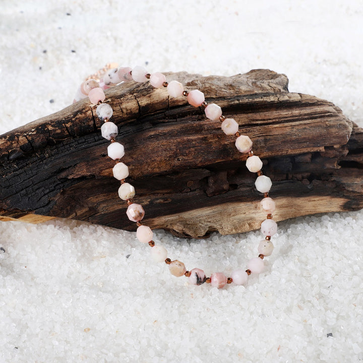 Pink Opal Lantern and Hematite Round Necklace Front View