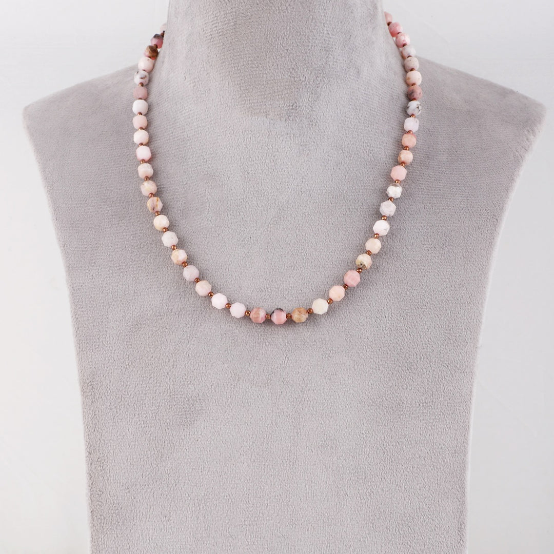 Pink Opal and Hematite Necklace Styled on Mannequin