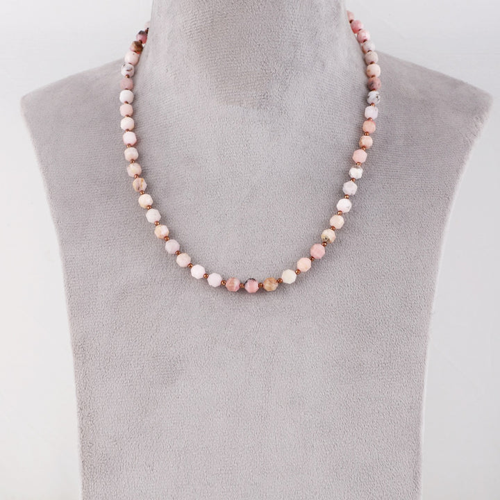 Pink Opal and Hematite Necklace Styled on Mannequin