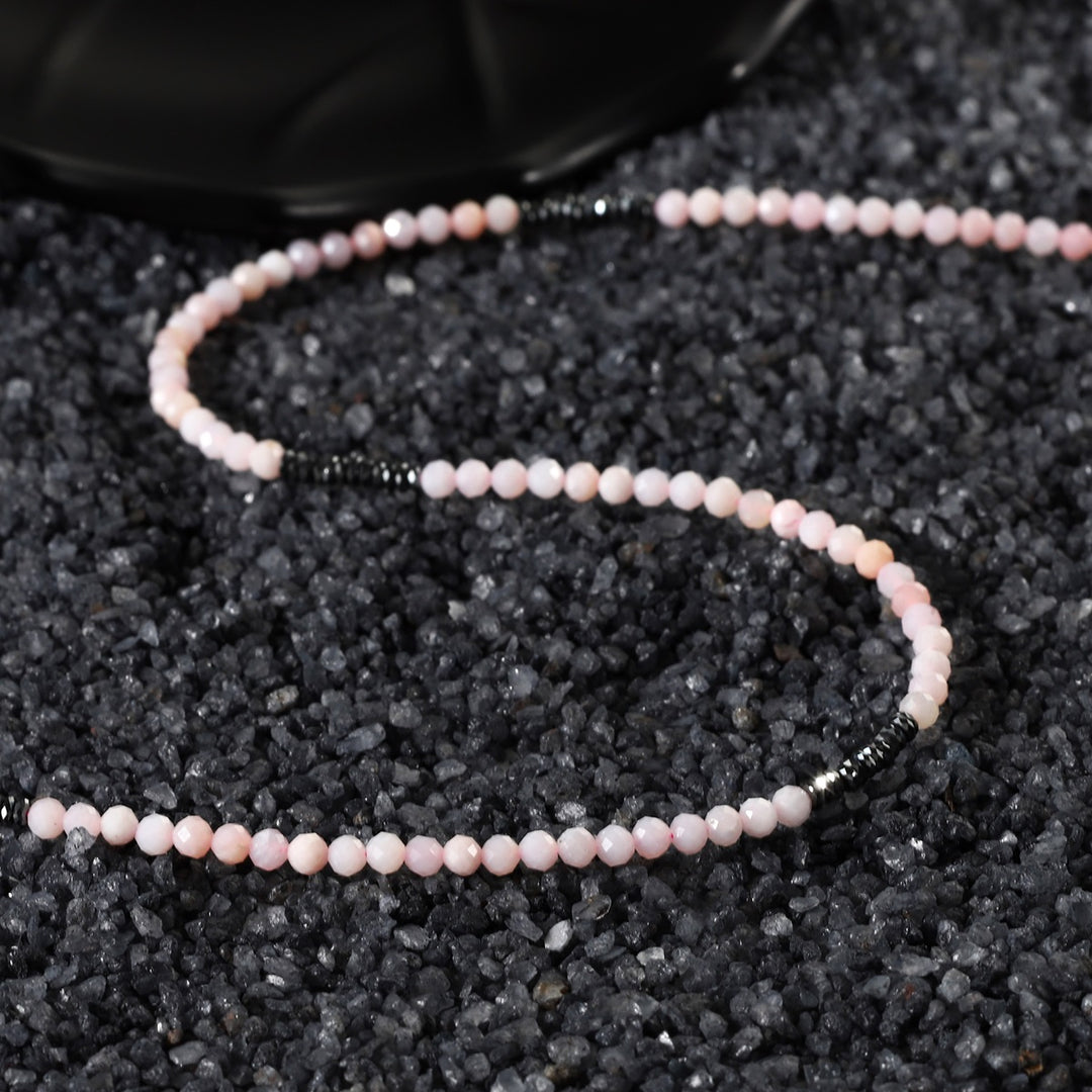 Pink Opal and Hematite Necklace in Natural Light