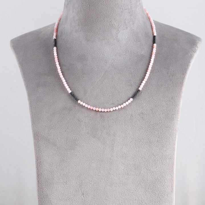 Pink Opal and Hematite Necklace on Display Stand