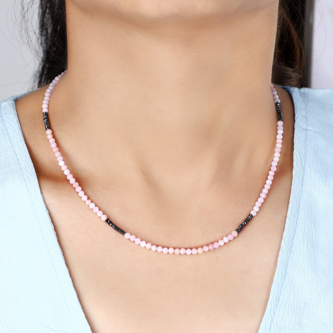 Model Wearing Pink Opal and Hematite Necklace