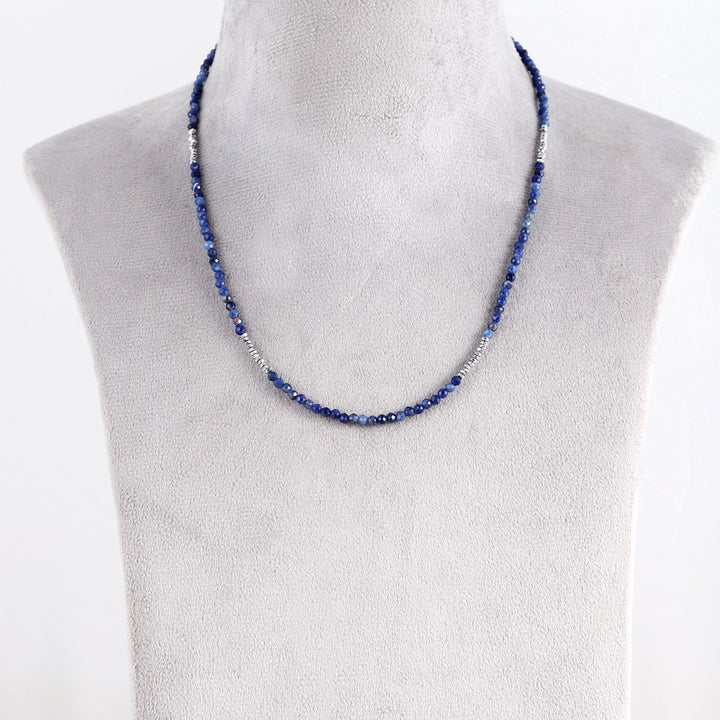 Sodalite and Hematite Necklace on Display Stand