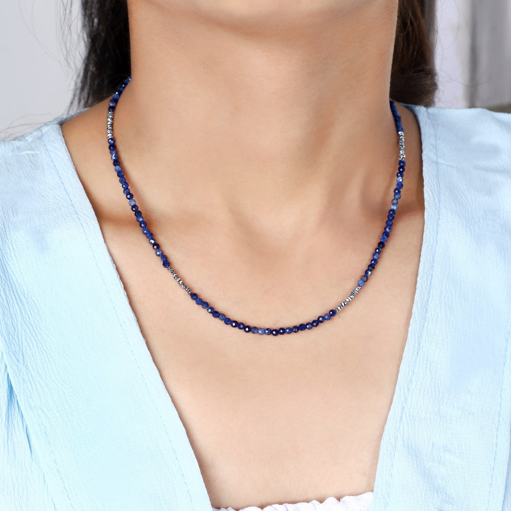 Model Wearing Sodalite and Hematite Necklace