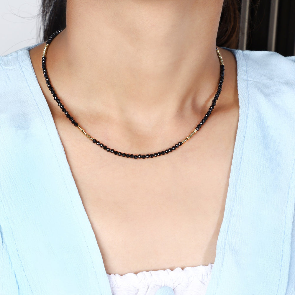 Model Wearing Black Spinel and Hematite Necklace