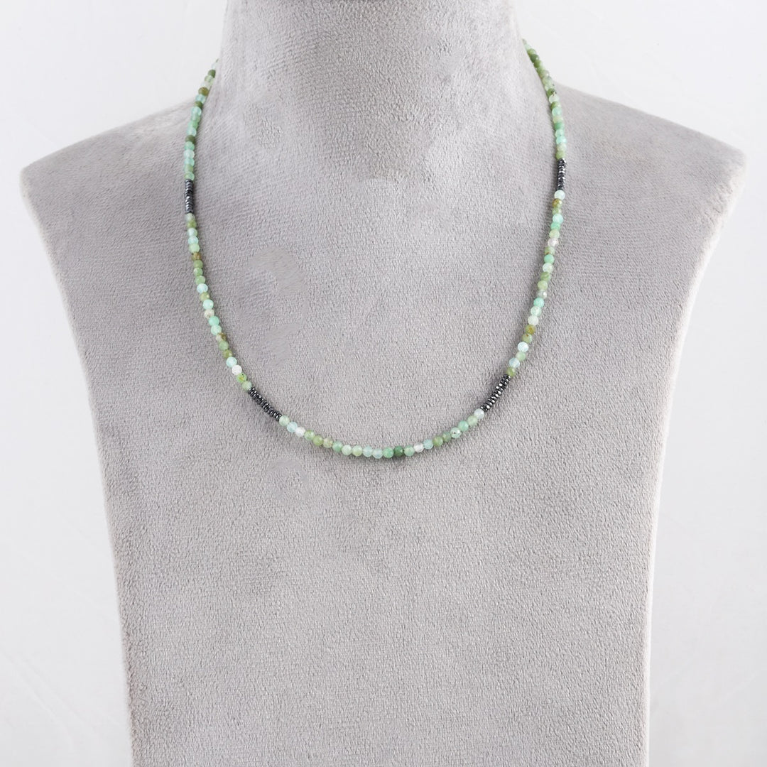 Chrysoprase and Hematite Necklace on Display Stand