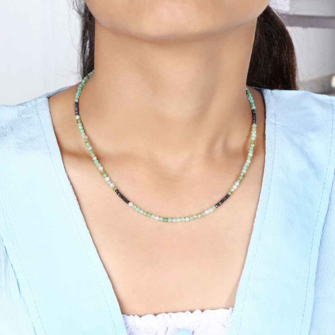 Model Wearing Chrysoprase and Hematite Necklace