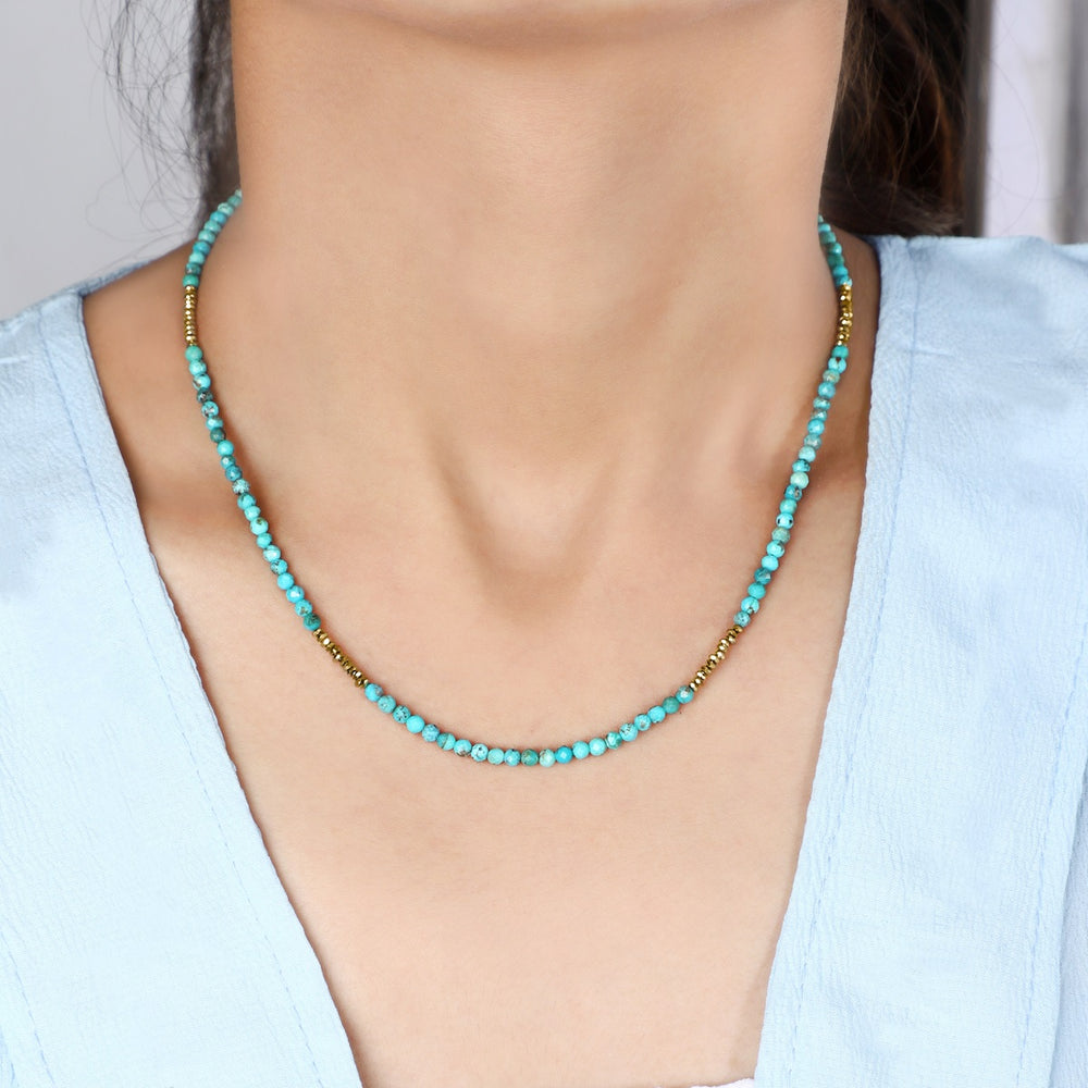 Model Wearing Turquoise and Hematite Necklace