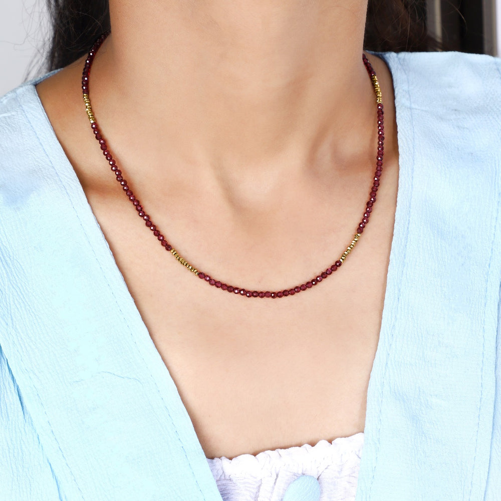 Model Wearing Garnet and Hematite Necklace