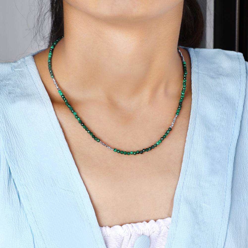 Model Wearing Malachite and Hematite Necklace