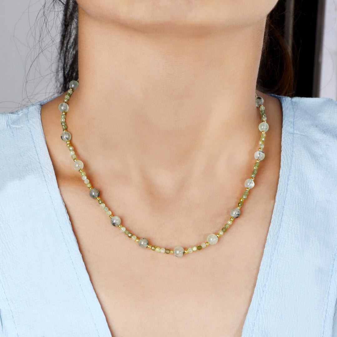 Prehnite, Green Garnet, and Hematite Necklace on Model