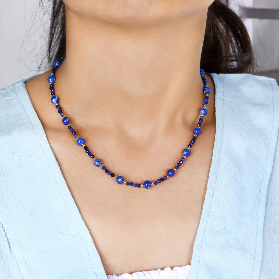 Lapis Lazuli and Hematite Gemstone Necklace with Gold Chain