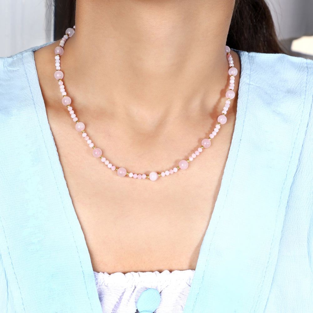 Model Wearing the Rose Quartz, Pink Opal, and Hematite Gemstone Necklace