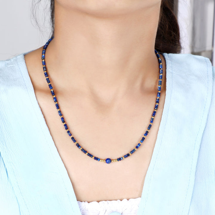 Model Wearing Lapis Lazuli and Hematite Necklace