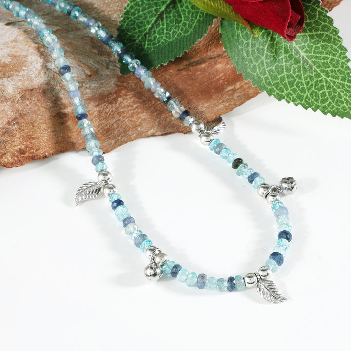 Blue Sapphire and Zircon Leaf Charm Silver Necklace