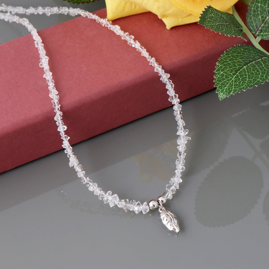 Herkimer Diamond Leaf Charm Silver Necklace