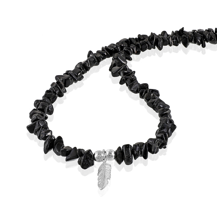 Black Tourmaline Feather Charm Silver Necklace