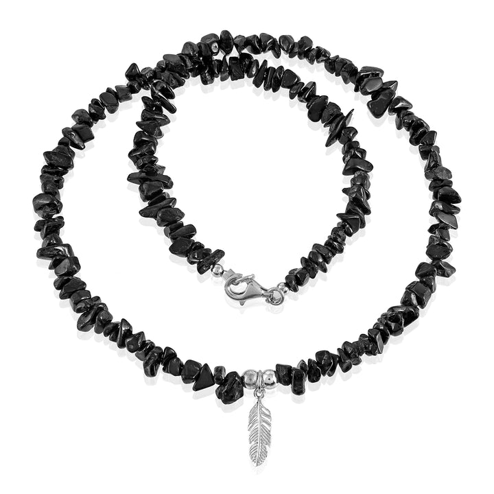 Black Tourmaline Feather Charm Silver Necklace