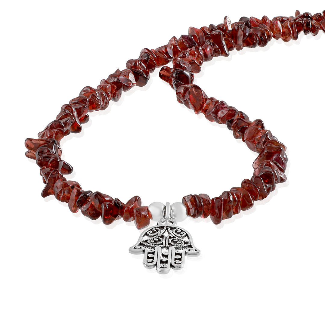 Garnet Hamsa Hand Charm Silver Necklace