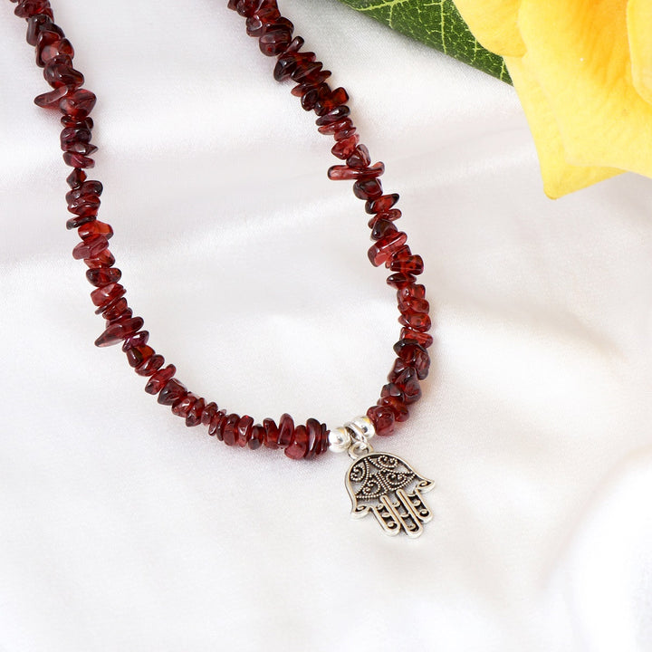 Garnet Hamsa Hand Charm Silver Necklace