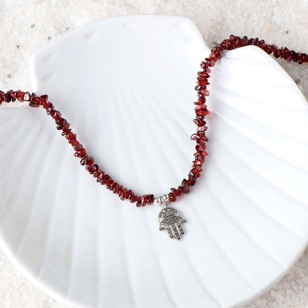 Garnet Hamsa Hand Charm Silver Necklace