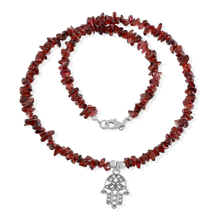 Garnet Hamsa Hand Charm Silver Necklace