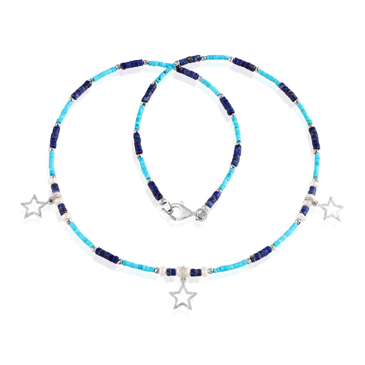 Turquoise, Lapis and Pearl Silver Star Charm Necklace