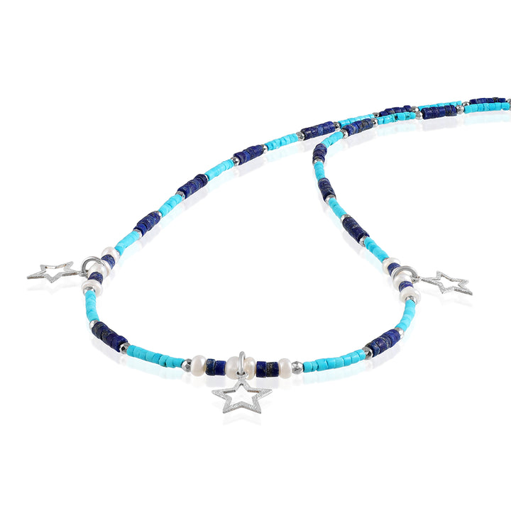 Turquoise, Lapis and Pearl Silver Star Charm Necklace