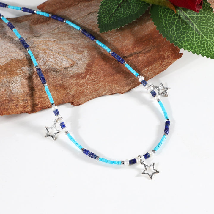 Turquoise, Lapis and Pearl Silver Star Charm Necklace