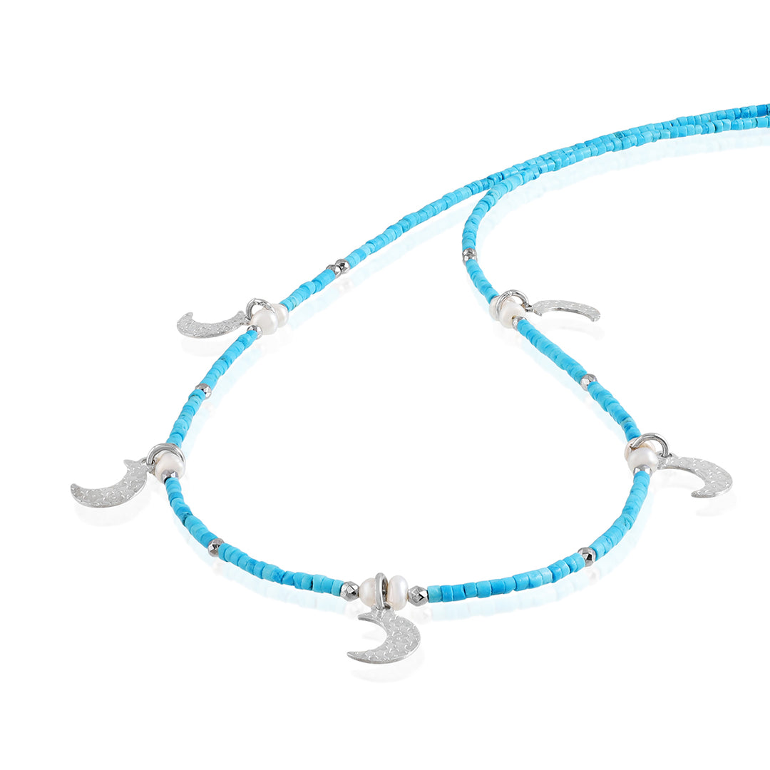 Natural Turquoise and Pearl Silver Moon Charm Necklace